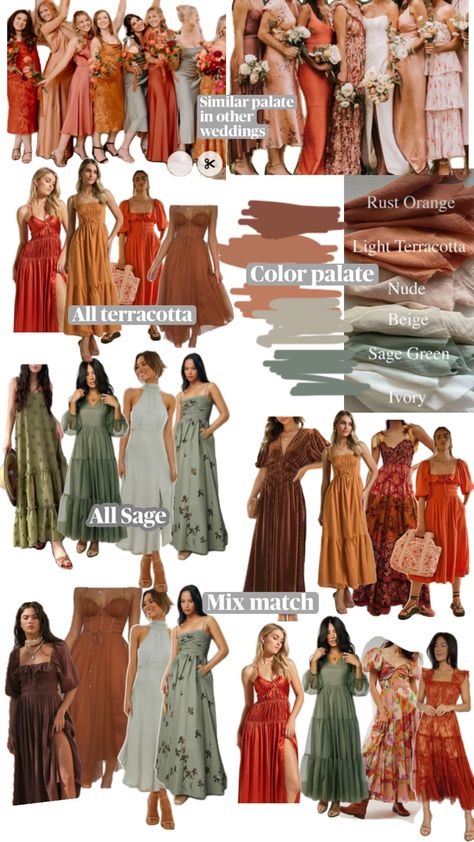 Warm Colors Bridesmaid Dresses, Earth Tone Theme Party, Bridesmaids Dresses Mismatched Fall, Mixed Length Bridesmaid Dresses, Muted Fall Bridesmaid Dresses, Earth Colour Outfit, Soft Autumn Wedding Dress, Earth Tones Wedding Guest Dress, Fall Mix Match Bridesmaid Dresses