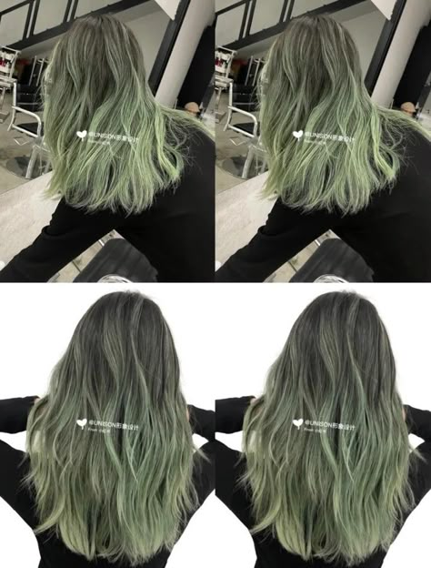 Green Gray Hair Color, Green Undertone Hair, Blonde To Green Hair, Matcha Haircolor, Grey And Green Hair, Grey Green Hair, Matcha Green Hair, Green Peekaboo Hair, Ash Green Hair Color