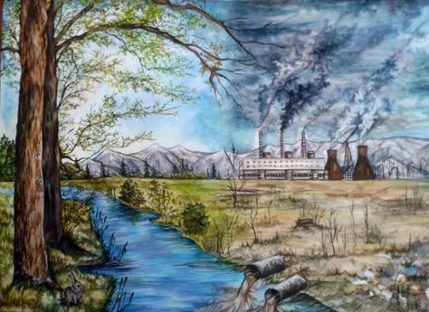 Essays in English: ENVIRONMENTAL POLLUTION Water Pollution Painting, Water Flow Drawing, Pollution Painting, Flow Drawing, Environmental Painting, Pollution Pictures, Plastic And Environment, River Drawing, Pollution Environment