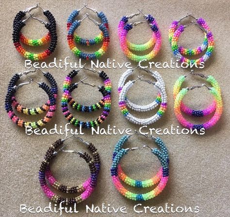 Available...hoop earrings 💗 Top row: $20 each +shipping Middle row: $23 each +shipping. Bottom row: $25 each +shipping… Native American Beaded Hoop Earrings, Beaded Small Hoop Earrings, Beaded Hoop Earrings Patterns, Beaded Hoops Earrings, Beaded Hoop Earrings Native American, Wild Earrings, Native Earrings, Silversmithing Jewelry, Gold Heart Stud Earrings