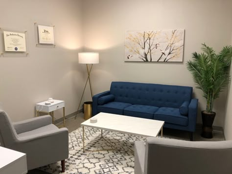 Office For Clients, Therapist Office Setup, Counselling Room Design Ideas, Minimalist Therapy Office, Blue Therapy Office, Small Therapy Office Decor, Peaceful Office Space, Diy Office Decorations, Small Therapy Office