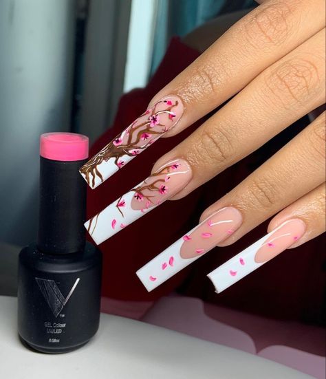 Blossom Nails, Cherry Blossom Nails, Sheer Nails, Asian Nails, Hippie Nails, French Acrylic Nails, Short Square Acrylic Nails, Exotic Nails, Bling Acrylic Nails