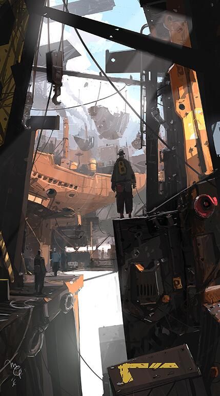 Ian McQue (ianmcque) on Twitter Industrial Fantasy Art, Shipyard Concept Art, Industrialization Art, Industrial Concept Art, Harbour Illustration, Scifi Concept Art, Vintage Places, Ian Mcque, Machine Art