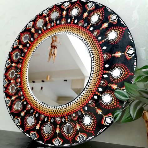 Beautiful combination of dot mandala and mirror art on a 16inch mdf base. Mirror Dot Mandala Art, Dot Mandala With Mirror, Mirror Mandala Art, Mirror Mandala, Dotted Mandala, Dot Mandala Art, Mandala Inspiration, Designer Mirror, Easy Mandala