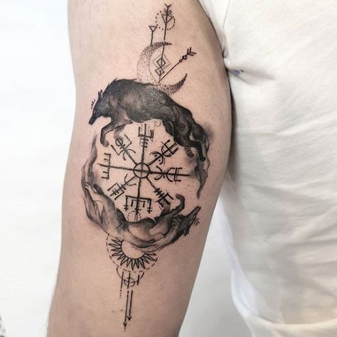 Viking Tattoos For Men, Viking Rune Tattoo, Fenrir Tattoo, Skoll And Hati, Simbolos Tattoo, Viking Warrior Tattoos, Scandinavian Tattoo, Viking Tattoo Symbol, Viking Tattoo Sleeve