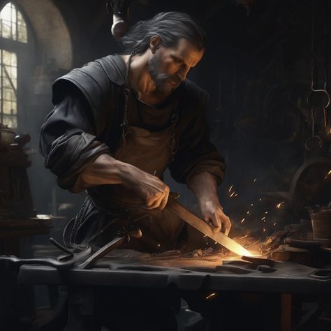 Blacksmithing Aesthetic, Blacksmith Art Character, Blacksmith Pose, Black Smith Character Design, Blacksmith Character Design, Fantasy Blacksmith, Blacksmith Character, Realm Breaker, Fantasy Beings