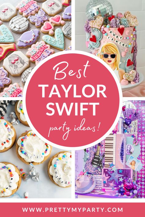 Taylor Swift Party Ideas (The Ultimate Planning Guide) on www.prettymyparty.com #taylorswift #tswift Taylor Themed Birthday Party, Taylor Swift Party Favors Kids, Taylor Swift Party Centerpieces, Taylor Swift Themed Birthday Party Food, Taylor Swift Party Food Puns, Taylor Swift Eras Party Food, Taylor Swift Cupcake Ideas, Taylor Swift 5th Birthday Party, Taylor Swift Desserts