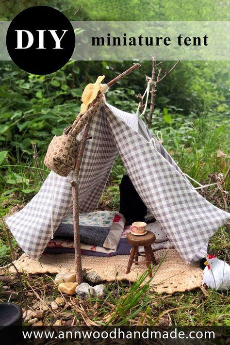 miniature campsite with fabric tent Miniature Camping, Fairy Tent, Tent Diy, Camping Scene, Diy Tent, Camping Site, Ann Wood, Safari Tent, Camping Tents