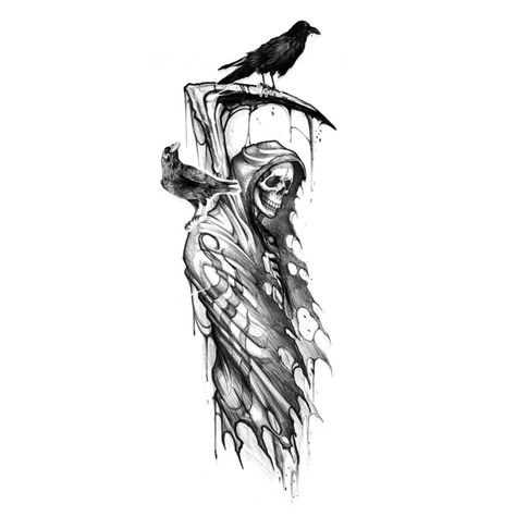 Grim Reaper Crow Tattoo, Grim Reaper Tattoo Drawing, Grim Reaper Tattoo Forearm, Grin Reaper Tattoo, Grim Reaper Back Tattoo, Grim Reaper Scythe Tattoo, Reaper Sketch Tattoo, Reaper Tattoo Stencil, Grim Reaper Tattoo Stencil