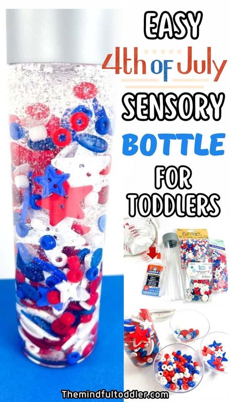 This easy 4th of July sensory bottle is one of the fun sensory activities for independence day that your kids will love to do! Use in your home or as a 4th of July theme preschool in school too. Fourth of July is tons of fun, so make this sensory bottle idea for babies too! Forth Of July Crafts, Fun Sensory Activities, Sensory Bottles For Toddlers, Fourth Of July Pics, 4th Of July Theme, Nanny Activities, Independence Day Activities, Fourth Of July Crafts For Kids, Independent Toddler