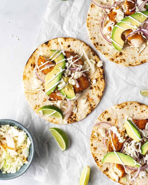 Air Fryer Fish Tacos Fish Tacos Air Fryer, Tacos Meal Prep, Air Fryer Fish Tacos, Avocado Corn Salsa, Fried Fish Tacos, Battered Fish Tacos, Air Fried Fish, Tuna Tacos, Frozen Tilapia