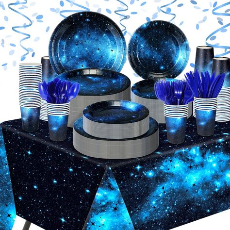 PRICES MAY VARY. Complete Galaxy Party Kit: this kit includes 25 pcs of 9 oz dark blue paper cups, 24 pcs each of 9 and 7 inch paper plates, 2 pcs of large tablecloths (about 4.5 x 9 ft/ 137 x 274 cm), along with 24 pieces each of disposable dark blue cutlery; Get everything you need to plan the space themed celebration in one package, saving you time and effort on decoration Elegant Dark Blue Galaxy Theme: surprise guests with these galaxy party supplies, adding a touch of elegance and intrigue Spaced Themed Party, Galaxy Party Decorations, Blue Cutlery, Car Birthday Party Decorations, Homecoming Themes, Happy Birthday Icons, Cars Birthday Party Decorations, Disposable Tablecloth, Galaxy Party