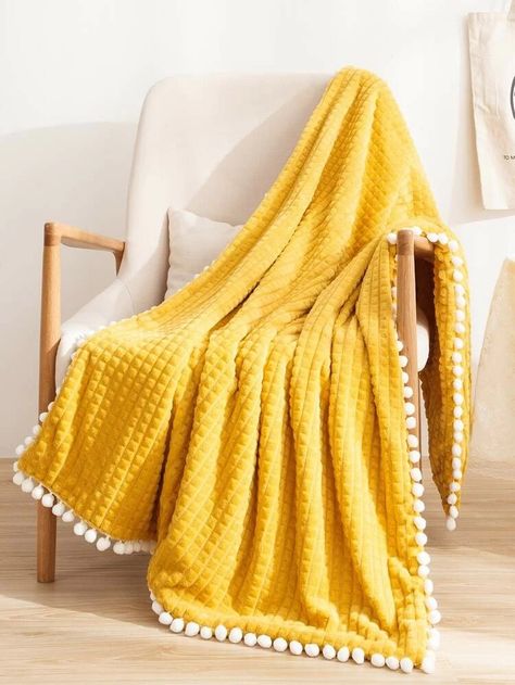 Fluffy White Comforter, Bedroom Trinkets, Daybed In Living Room, Sunflower Room, Pom Pom Decor, Yellow Bedroom Decor, Blanket Bedroom, Yellow Blankets, Quilt Layers