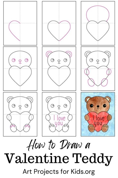 Learn how to draw a Valentine Teddy with an easy step-by-step PDF tutorial. #howtodraw #tutorial #drawing #drawingtutorial #arttutorial #artprojectsforkids #howtodrawforkids #valentine #teddybear #valentinecard How To Draw Valentines Doodles, Valentine’s Day Directed Drawing, Valentines Directed Drawing For Kids, How To Draw Valentines, How To Draw Valentines Day Step By Step, Step By Step Valentine Painting, Valentine Drawings Easy, Valentine Directed Drawing, Valentine’s Day Drawings Easy