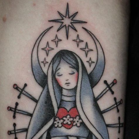 claire hecko on Instagram: "Our Lady of Sorrows for sweet Karley, made @panthercitytattoos  🩸 #fortworth #fortworthtattoos #fortworthtattooartist #dfwtattoos #dfwtattooartist #traditionaltattoo #materdolorosa #virginmarytattoo #ourladyofsorrows #panthercitytattoo #thisispanthercity" Mother Of Sorrows Tattoo, Our Lady Of Sorrows Tattoo, Lady Of Sorrows Tattoo, Virgin Mary Tattoo, Lady Of Sorrows, City Tattoo, Our Lady Of Sorrows, December 23, Our Lady