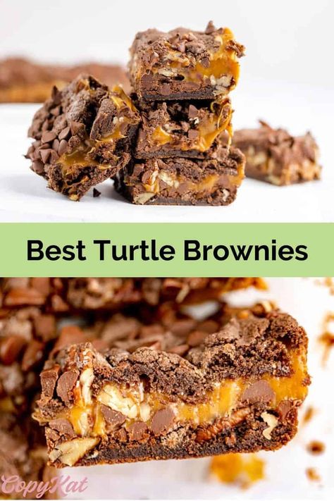 Turtle Brownie Recipes, Caramel Turtle Brownies, Brownies With Nuts Recipe, Turtle Brownies From Scratch, Turtle Brownies With Box Mix Recipe, Brownies With Cake Mix, Icing Brownies, Turtle Brownies Recipe, Turtle Recipes