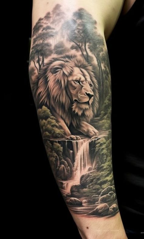 Waterfall Tattoo Forearm Forest Lion Tattoo, Lion Forest Tattoo, Lion And Mountain Tattoo, Waterfall Tattoo Sleeve, Waterfall Tattoo Ideas, Mountain Lion Tattoo, Waterfall Tattoos, Mountain Sleeve Tattoo, Arm Tattoos Color