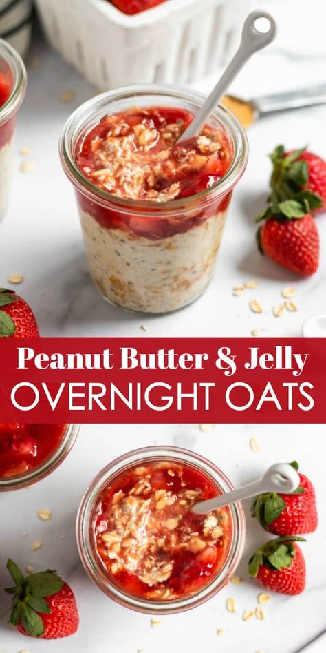 PB&J for breakfast? Yes! These Peanut Butter and Jelly Overnight Oats are a simple, healthy and delicious way to start your day. Full of fresh fruit, hearty oats, chia seeds, and of course, peanut butter! Prep several at a time so breakfast is ready on the go. #pbandj #peanutbutterandjelly #overnightoats #oatmeal #breakfast #oats #breakfasttogo Overnight Oats With Yogurt, Oats Overnight, Breakfast Oats, Oat Recipes Healthy, Overnight Oats Recipe Healthy, Overnight Oats Healthy, Overnight Oatmeal, No Bake Snacks, Peanut Butter And Jelly