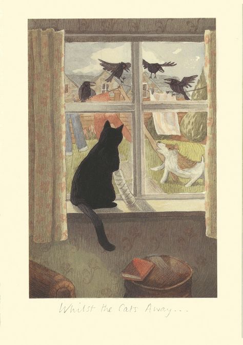 IA5 WHEN THE CAT IS AWAY by Alison Friend - A Two Bad Mice Greeting Card Alison Friend, Two Bad Mice, Friend Cards, Window Illustration, Cats Black, Black Cat Art, Cat Artwork, Cats Illustration, Naive Art