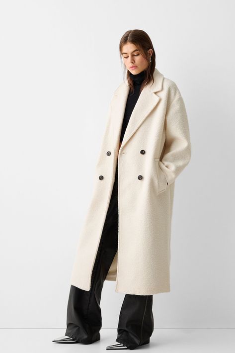 White Coat | SheerLuxe White Boucle Coat Outfit, White Overcoat Outfit Women, Winter White Coat, Andy Sachs, White Coat Outfit, White Pea Coat, The Round Up, Mantel Outfit, White Coats