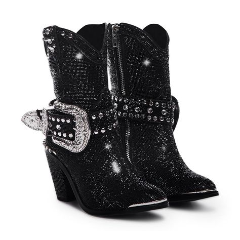 PRICES MAY VARY. Fashion Forward: Embrace the cowgirl trend with these rhinestone-encrusted western boots that add sparkle to your chic look. Super Stylish: Made from vegan leather with an all-over rhinestone design, synthetic upper rubber sole, detachable studded buckle straps, pointed toes, and a convenient side zipper closure. Stand Tall: Featuring a comfortable 3" heel, these boots are perfect for shopping, concerts, festivals, raves, and weddings. Shine in Any Crowd: With their dazzling rhi Jeans With Cowboy Boots, Bling Boots, Black Cowgirl Boots, Rhinestone Cowboy, Fold Over Boots, Dolls Kill Shoes, Bota Country, Black Cowboy Boots, Boot Bling