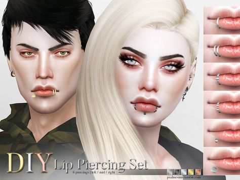 6 different lip piercings for the left, middle or right lip (All in one, 18 piercings). All come in 5 colors and can be combined however you want to, or use them on their own.  Found in TSR... Sims 4 Lip Piercing, Piercing Cc, Different Lip Piercings, Mods Ts4, Sims Makeup, Piercing Girl, Sims 4 Piercings, Piercing Labret, Sims 4 Cc Shoes