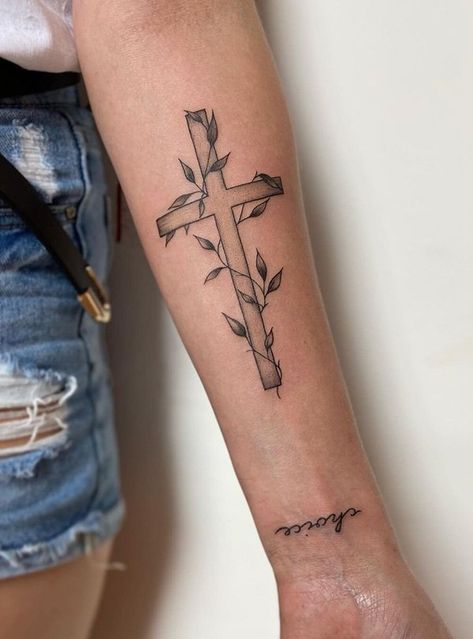 Cross With Grapevine Tattoo, Cross Leg Tattoo For Women, Cross With Roots Tattoo, Cross With Leaves Tattoo, Cross And Vine Tattoo, Cross With Olive Branch Tattoo, Cross Arm Tattoo Women, Cross With Thorns Tattoo, Thorn Cross Tattoo