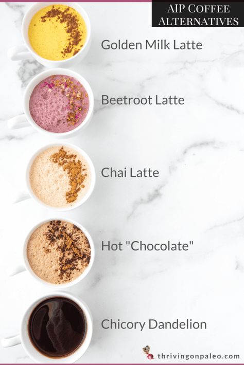 If you're on the AIP Diet you know the HORROR of not being able to have coffee (it's a seed). Here are 8 different AIP coffee alternatives you can enjoy instead! Yes, enjoy. Why? Because these hot drinks are delicious! AIP coffee substitute recipes in this post: Chicory Dandelion Coffee, Hot Chocolate, Golden Milk Turmeric Latte, Beet Latte, and a Chai Latte Aip Drinks, Aip Diet Recipes, Golden Milk Latte, Roasted Figs, Paleo Drinks, Autoimmune Paleo Recipes, Aip Paleo Recipes, Coffee Substitute, Turmeric Latte