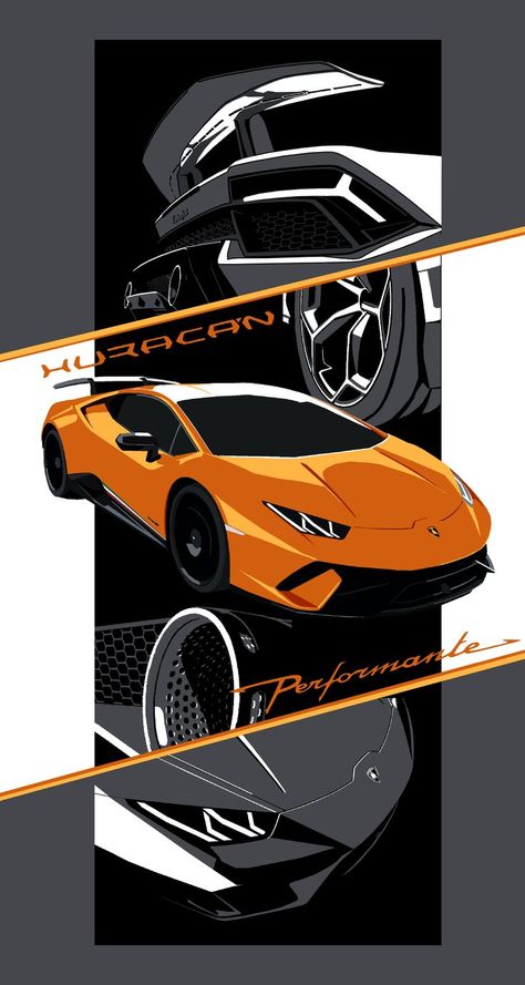 This is a flat, stylised poster of an angular, orange Lamborghini car, with grey close up details in the background above and beneath (the rear wing, a wheel, an exhaust pipe and a headlight), as well as an orange frame with the words Huracán and Performante inside, which are the names of the particular model. Car Artwork Lamborghini, Super Car Poster, Huracan Performante Wallpaper, Car Artwork Wallpaper, Lamborghini Huracan Wallpapers, Lamborghini Huracan Orange, Lamborghini Art, Supercar Poster, Lamborghini Poster