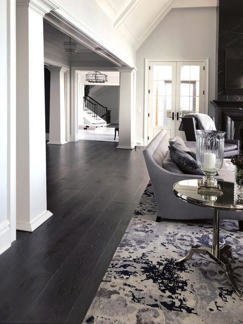 Modern Home Dark Floors, Black Vinyl Flooring Living Room, Vinyl Flooring Black, Black Floor House, Luxury Hardwood Floors, Dark Plank Flooring, Dark Vynil Flooring, Dark Tile Living Room, Black Hardwood Floors Kitchen