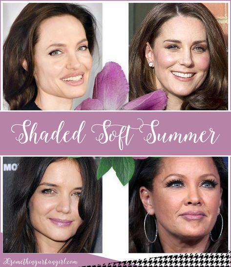 Shaded Summer Palette, Katie Holmes Soft Summer, Angelina Jolie Soft Summer, Katie Holmes Color Analysis, Angelina Jolie Color Palette, Angelina Jolie Color Season, Soft Shaded Summer, Deep Soft Summer, Edgy Soft Summer