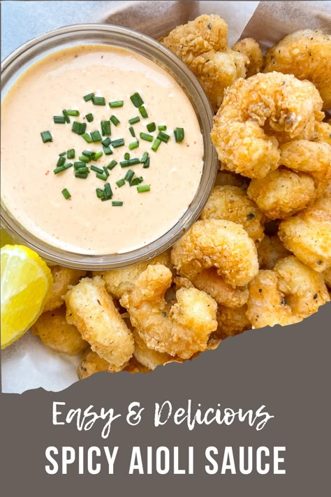 The best spicy aioli sauce for all your favorite fish, shrimp, fries and sandwiches. Includes lots of tips for using different hot sauce options to customize your spicy dipping sauce. Seafood Aioli Dipping Sauces, Shrimp Taco Aioli, Calamari Dipping Sauce Aioli, Dipping Sauce For Fish Sticks, Scallop Dipping Sauce, Fish Sticks Dipping Sauce, Aoli Recipe Aioli Sauce For Salmon, Calamari Dipping Sauce Recipes, Dip For Calamari Sauce Recipes