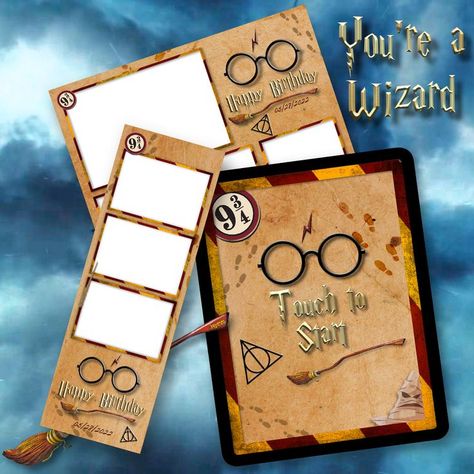 Harry Potter inspired photo booth template & start screen design with all four house colors. Celebrate your next event with a touch of magic! Harry Potter Photo Booth Printables Free, Harry Potter Photobooth, Harry Potter Photo Booth, Photobooth Strip, Harry Potter Photo, Photo Booth Printables, Photobooth Template, Start Screen, Screen Design