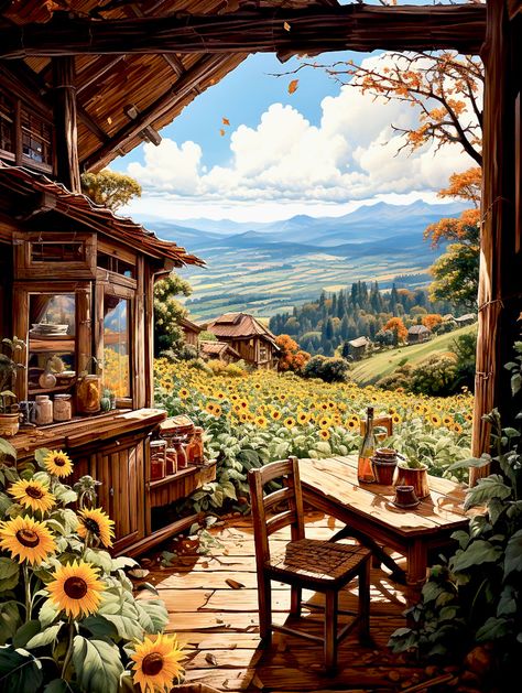 View from the inside of a rustic cabin in the contryside. Sunflower fields everywhere in the valley Cottage Drawings, Samsung Mobile Phone, Cute Cabins, Vintage Houses, Anime Places, Misty Mountains, Sunflower Wall Art, Background Hd Wallpaper, Scenery Paintings