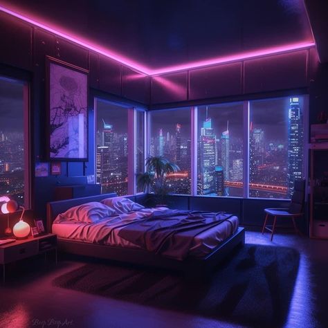 Cyberpunk Aesthetic Room, Bedroom Tv Wall Ideas, Futuristic Rooms, Cyberpunk Bedroom, Cyberpunk House, Vaporwave Room, Bedroom Tv Wall, Neon Bedroom, Cute Diy Room Decor