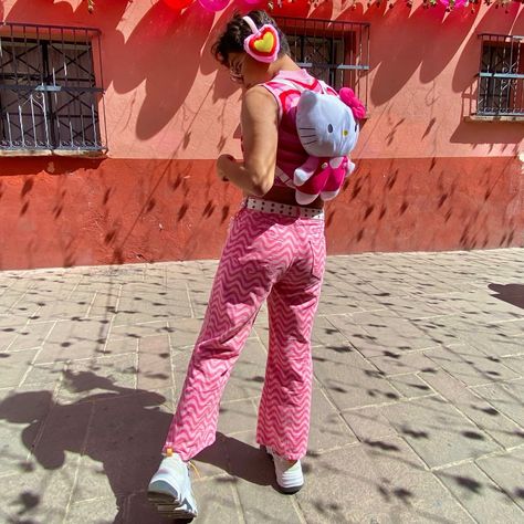 Decora Fashion Outfits Male, Lovecore Outfits Men, Pink Boy Aesthetic, Pink Outfits Men, 2000s Fashion Pink, Lovecore Outfits, Decora Fashion Outfits, Y2k Pink Outfit, Hello Kitty Boy