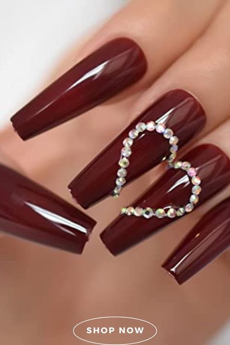 Red Nails With Stones, Nails With Stones, Natural Nail Shapes, Ombre Coffin, Nail Art Tips, Nails Natural, Coffin Press On Nails, Coffin Shape, Metallic Nails