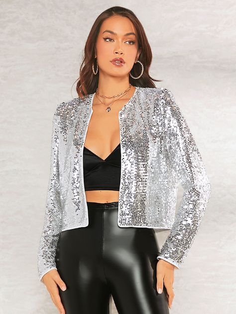 Silver Party Collar Long Sleeve Sequins Plain Other Embellished Slight Stretch Spring/Fall Women Clothing Sequence Jacket, Silver Jacket, Trendy Business Casual, Black Wool Blazer, Coachella Dress, Business Formal Dress, Women Jackets, Formal Dresses Gowns, Sequin Jacket