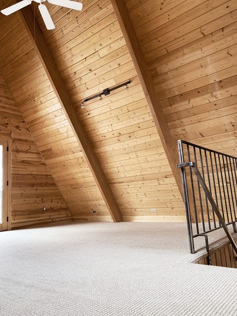 New Carpet in the Cabin Loft! - Chris Loves Julia Cabin Carpet Ideas, Attic Carpet, Loft Carpet, Cabin Carpet, Cabin Restoration, Grey Carpet Runner, House Attic, Carpet Runners For Stairs, Runners For Stairs