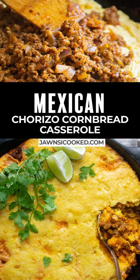 Chorizo Cornbread, Chorizo Recipes Dinner, Mexican Cornbread Casserole, Mexican Chorizo, Sliced Avocado, Chorizo Recipes, Cornbread Casserole, Cornbread Mix, Ground Beef Recipes For Dinner