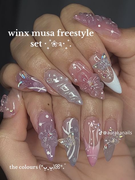 Butterfly Inspo Nails, Purple Ethereal Nails, Fairytopia Nails, Winx Club Inspired Nails, Nail Designs Fairy, Fairy Wing Nails, Purple Fairy Nails, Princess Nails Aesthetic, Fairy Acrylic Nails