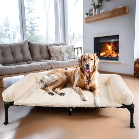 PRICES MAY VARY. Dog Cots Bed for Large Dogs: The dog bed frame measures 49"x33"x9" (125x83x22.5 cm), fitting pets up to 45 inches long. Ideal for breeds like Golden Retrievers, Labradors, Rottweilers, Boxers, Huskies, Border Collies and Wolf dogs etc. Plush Bolster Dog Bed: The fluffy bolster provides excellent neck support, encouraging your dog to snuggle in for a restful sleep. Crafted with a deluxe plush sleeping surface, it is super soft and calming. The top dog mat also features a non-slip Dog Bed Ideas, Dog Beds For Large Dogs, Raised Dog Bed, Dog Bed Frame, Big Dog Beds, Wolf Dogs, Large Dog Bed, Dog Cots, Apartment Dogs