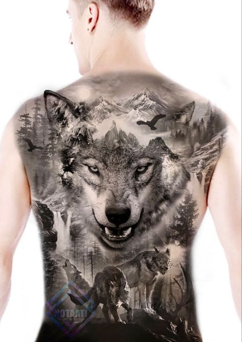 Back Wolf Tattoo, Wolf Tattoo On Back, Wolf Back Tattoo, Husband Wife Tattoos, Bali Ideas, Wolf Tattoo Back, Tattoo Espalda, Largest Wolf, Backpiece Tattoo