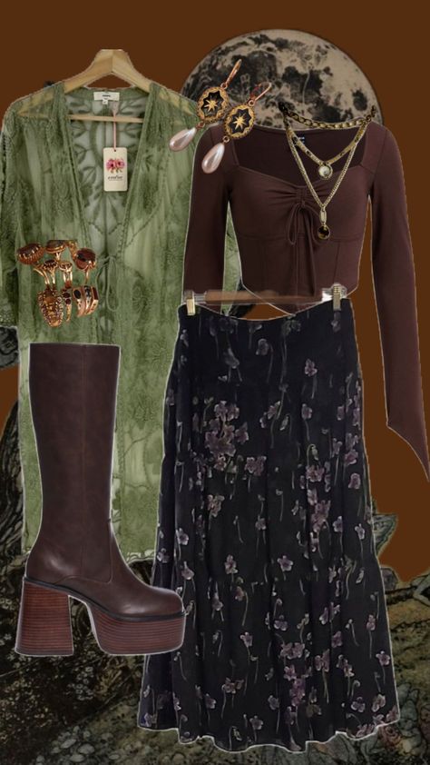 #myfirstshuffle #deepautumn #bohogoth #boho #grunge #whimsogoth #witchy #dark #autumn #90s Capsule Wardrobe Witchy, Witchy Cottage Core Outfits, 90s Grunge Witch Aesthetic, 70s Witch Outfit, Whimsical Witch Outfit, Grunge Witch Aesthetic, Justice Core, Autumn Witch Outfit, 90s Boho Fashion