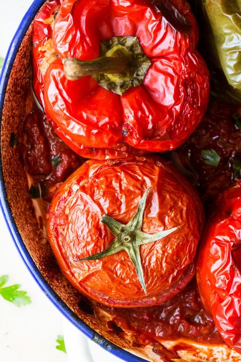 Yemista Greek stuffed peppers and tomatoes Yemista Greek, Stuffed Capsicum, Greek Stuffed Peppers, Lazy Cat Kitchen, Greek Recipe, Cat Kitchen, Stuffed Pepper, Greek Dishes, Lazy Cat