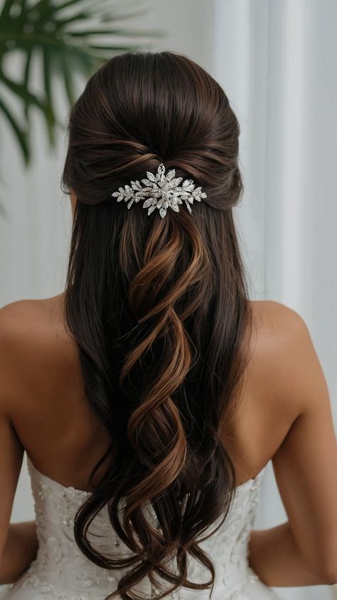 Discover the most stunning bridal hairstyles for your special day including elegant half up half down styles From veils to braids headbands to buns this guide covers every detail for short medium and shoulder-length hair in black brown or Indian hair Whether you prefer a straight fall or front view look find your perfect style with a middle part or sleek straight hair Hairstyles For Bridesmaids Half Up Half Down, Brunette Half Up Half Down, Bridal Bun Hairstyles Indian Front Look, Half Up Half Down Hair With Clip, Hairstyles For Medium Length Hair Wedding, Half Up Bridal Hair With Veil, Straight Half Up Half Down, Wedding Hairstyles For Long Hair Half Up, Straight Hair Wedding Hairstyles