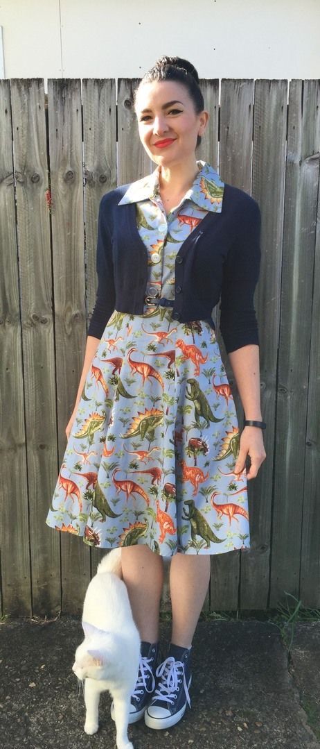 Louisa Clark, Ms Frizzle, Dinosaur Dress, Modcloth Style Gallery, Teaching Outfits, Crop Cardigan, Quirky Fashion, Teacher Outfit, Zooey Deschanel