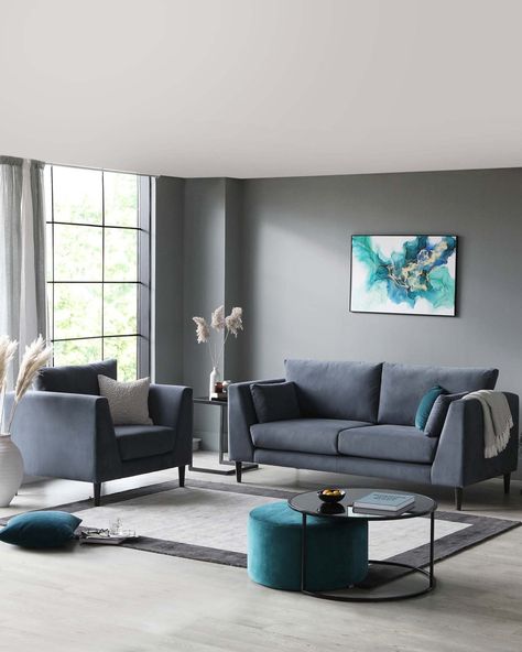 Dark Grey Sofa Living Room, Living Room Decor Grey Couch, Blue Living Room Color, Modern Living Room Sofa Set, Blue Grey Living Room, Blue Sofas Living Room, Living Room Color Combination, Grey Sofa Living Room, Room Color Combination