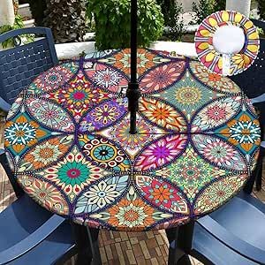 Buwuta Outdoor Tablecloth with Umbrella Hole and Zipper Waterproof Round Patio Table Cover Wipeable Round Outdoor Tablecloth for Patio Tables for Outside, Picnic, Garden Painted Wrought Iron Patio Furniture, Painting Dressers, Mexican Patio Hacienda Style, Yard Umbrella, Outside Picnic, Spanish Style Kitchen, Picnic Garden, Round Patio Table, Mosaic Tables