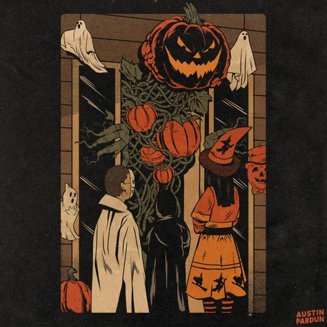 Austin Pardun, Trick Or Treat Art, Treat Art, Halloween Desktop Wallpaper, Halloween Illustrations, Vintage Halloween Art, Horror Artwork, Halloween Artwork, October Halloween